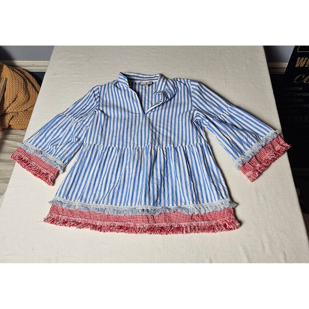 Tuckernuck Striped Bell Sleeve Tunic Top Blue White Red Gingham Fringe XS